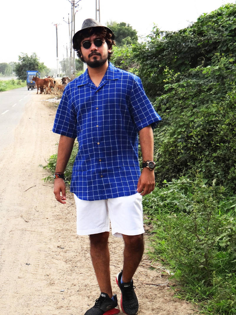 Indigo checks Camp Collar shirt