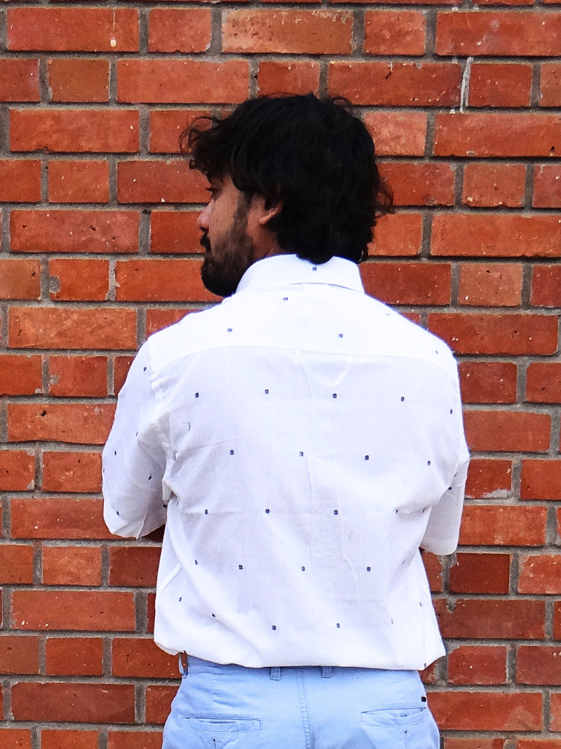 Handwoven white with blue dots shirt