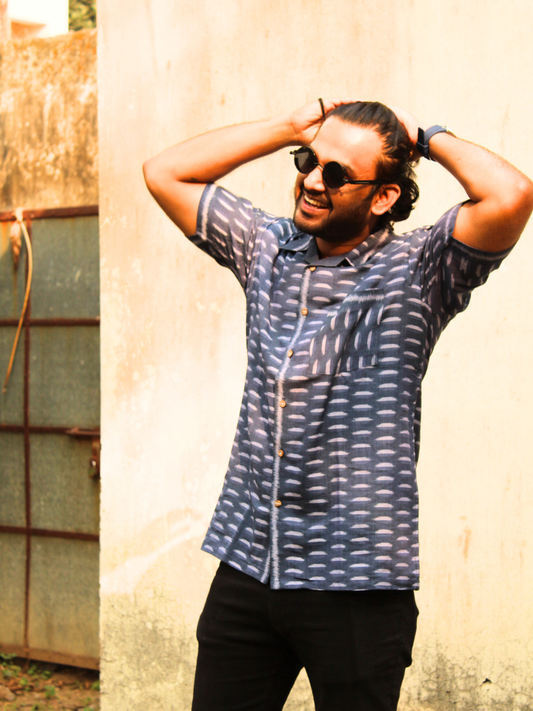 Blue ikat camp collar shirt