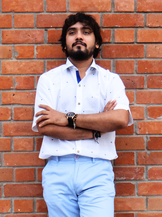 Handwoven white with blue dots shirt